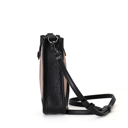 Aidrani Genuine Cowhide Women Small Sling Phone Bag, Plaid Fabric Crossbody Handbag, Lightweight Mini Shoulder Purse for Travel
