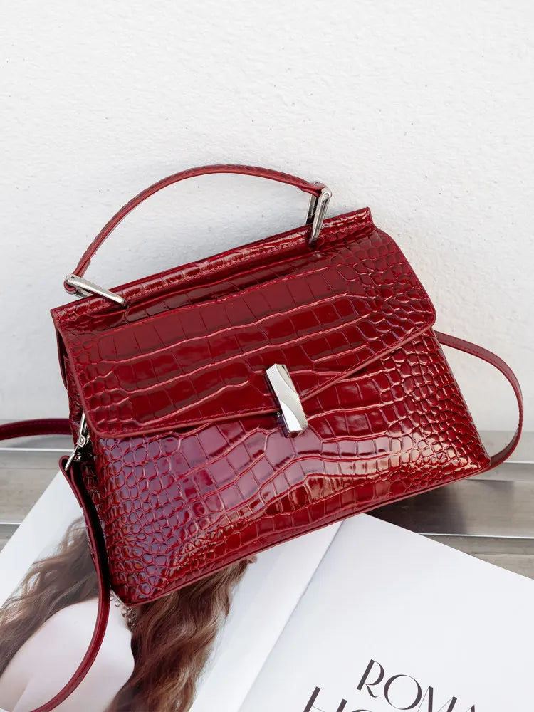Aidrani Ladies Genuine Cowhide Flap Handbag, Croc Pattern Top Handle Bag, Detachable Strap Crossbody Purse for Work Travel Casua
