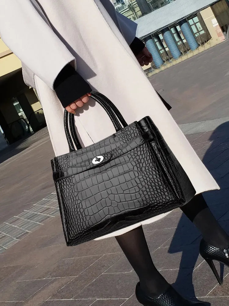 Aidrani Ladies Genuine Cowhide Tote Bag, Crocodile Print Top Handle Handbag, Removable Strap Crossbody Shoulder Purse