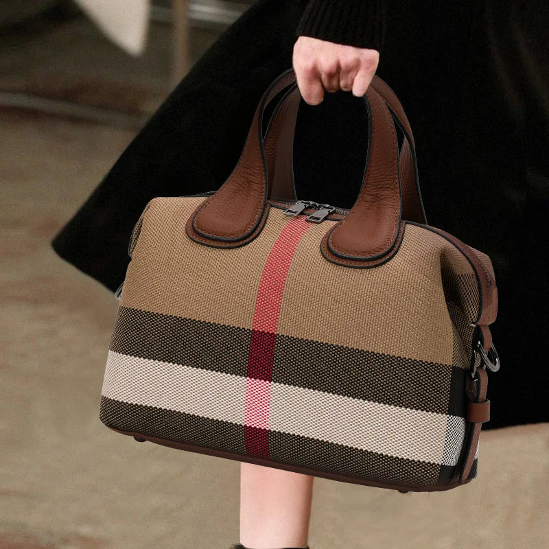 Aidrani 2026 New Checkered Ladies Handbag, Stylish Casual Large-Capacity Genuine Leather Tote Bag, Cowhide Trim Shoulder Bag