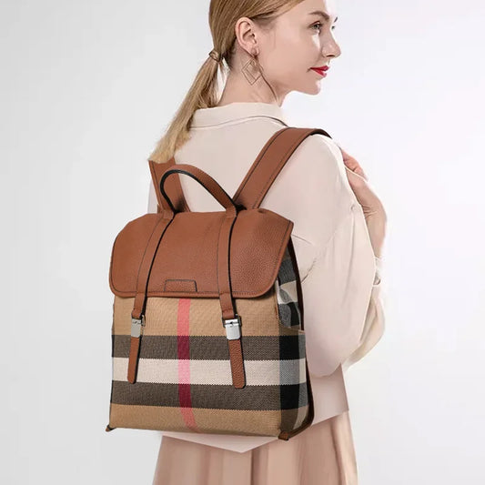 Aidrani Plaid Pattern Genuine Leather Backpack, 2026 New Lightweight Large Capacity Cowhide Rucksack for Women Casual School