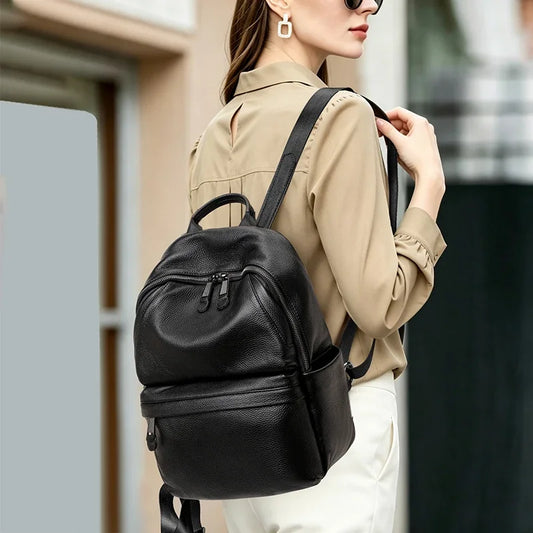 Aidrani Cowhide Leather Women Backpack Anti‑theft Hidden Pocket Large Capacity Rucksack for Daily Commute Short Travel Office