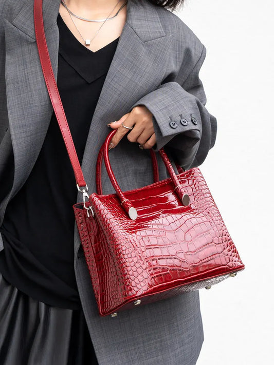 Aidrani Women Genuine Cowhide Handbag, Glossy Crocodile Embossed Top Handle Bag, Detachable Strap Crossbody Shoulder Purse