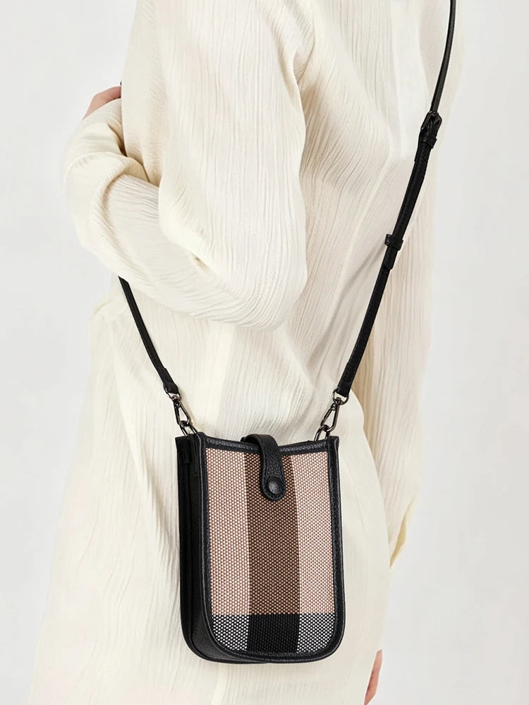 Aidrani Genuine Cowhide Women Small Sling Phone Bag, Plaid Fabric Crossbody Handbag, Lightweight Mini Shoulder Purse for Travel