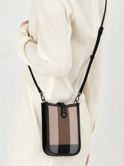 Aidrani Genuine Cowhide Women Small Sling Phone Bag, Plaid Fabric Crossbody Handbag, Lightweight Mini Shoulder Purse for Travel