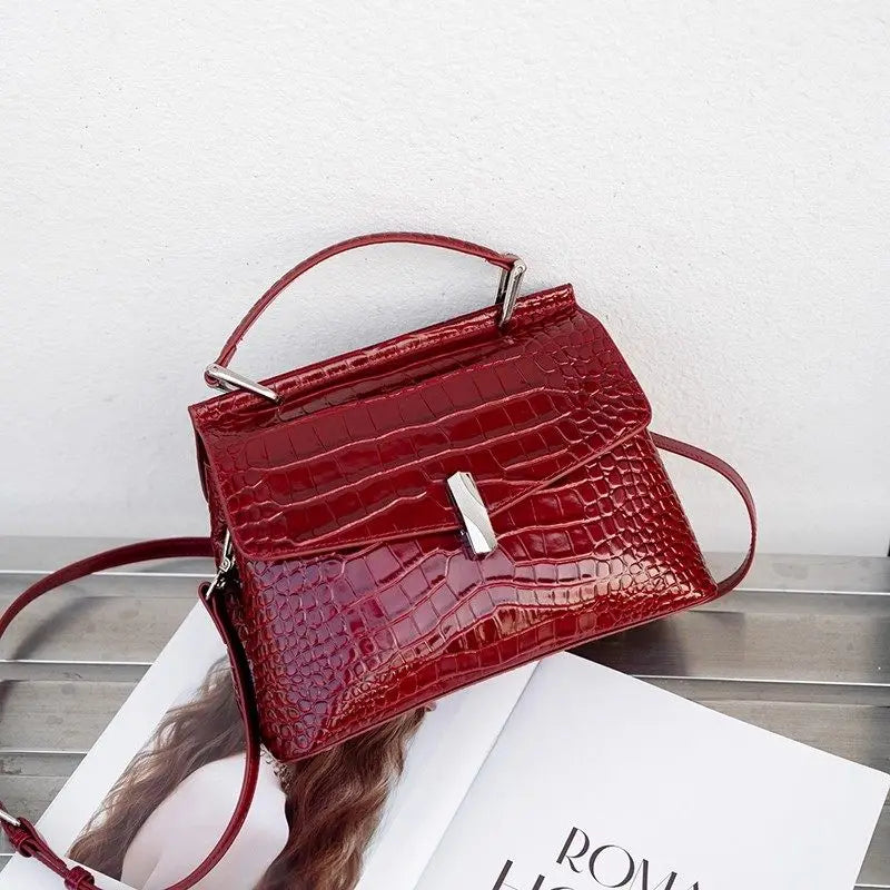 Aidrani Ladies Genuine Cowhide Flap Handbag, Croc Pattern Top Handle Bag, Detachable Strap Crossbody Purse for Work Travel Casua
