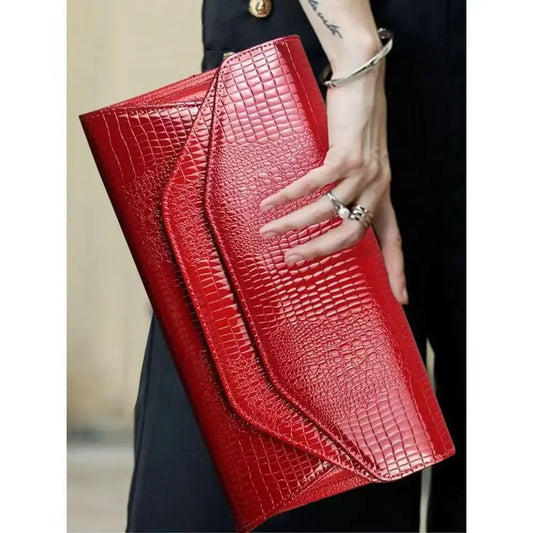 Aidrani Ladies Genuine Cowhide Evening Bag, Crocodile Print Clutch Purse, Chain Strap Crossbody Bag for Party Wedding