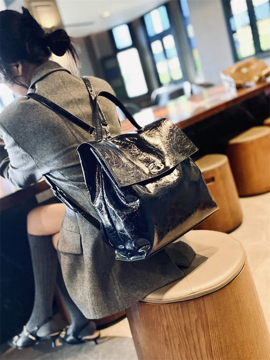 Genuine Cowhide New Casual Backpack, Aidrani Women Plaid Leather Rucksack, Fashion Shoulder Bag for Travel Work