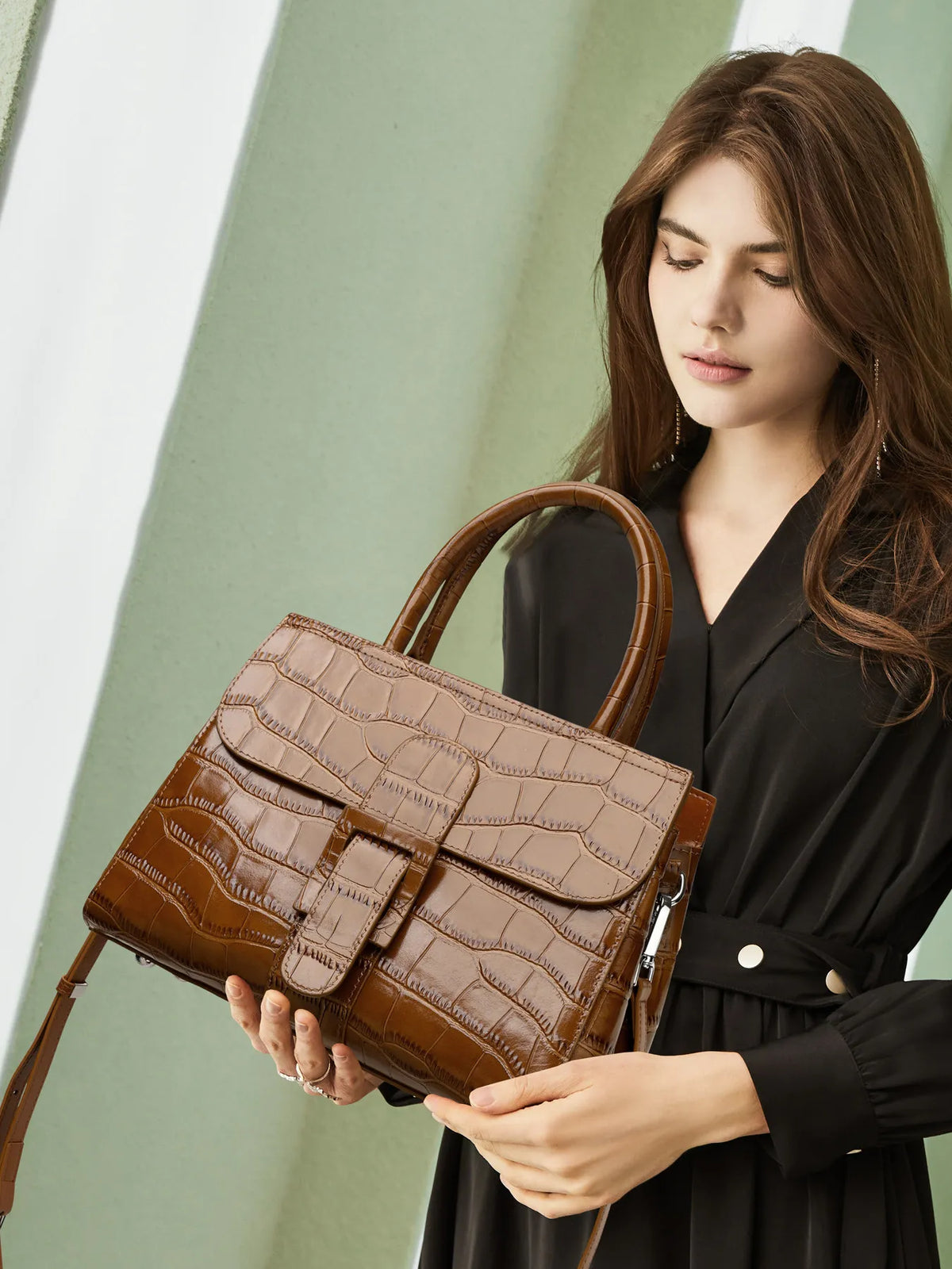 Aidrani Women Handbag, Genuine Cowhide Crocodile Pattern Top Handle Bag, Detachable Strap Crossbody Shoulder Purse, Multi Pocket