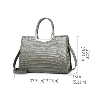 Aidrani Women Genuine Cowhide Handbag, Glossy Croc Embossed Metal Top Handle Bag, Detachable Strap Crossbody Shoulder Purse