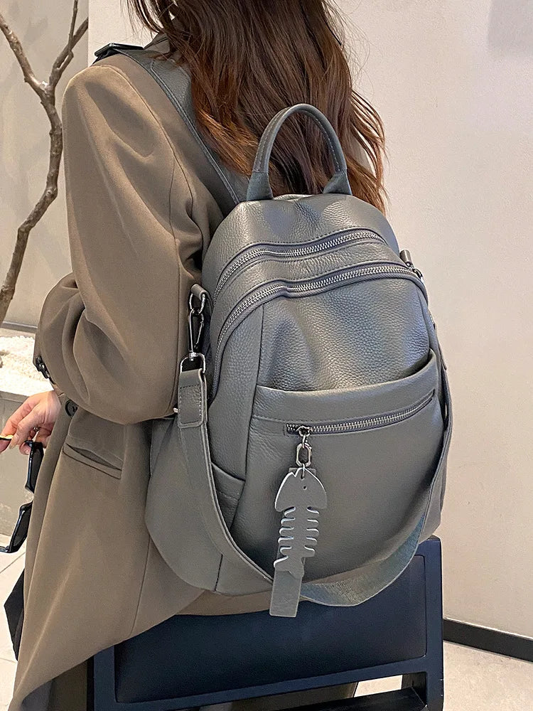 Genuine Cowhide New Casual Backpack, Aidrani Women Leather Rucksack, Fashion Shoulder Bag for Travel Work Daily Use