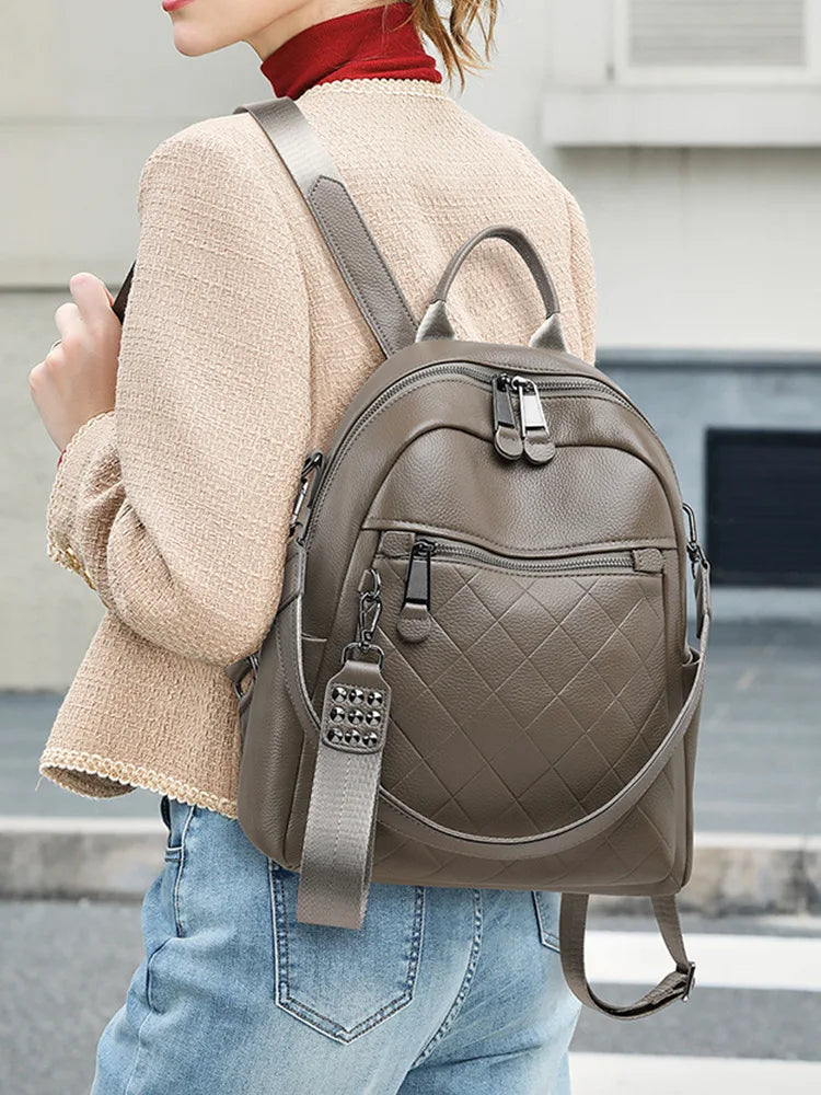 Genuine Cowhide New Women Backpack, Aidrani Quilted Leather Rucksack, Casual Shoulder Bag for Travel Work Daily Use
