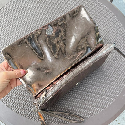 Genuine Cowhide Women Clutch Bag, Glossy Crinkled Leather with Metal Ring Top Handle, Aidrani Elegant Evening Shoulder Purse