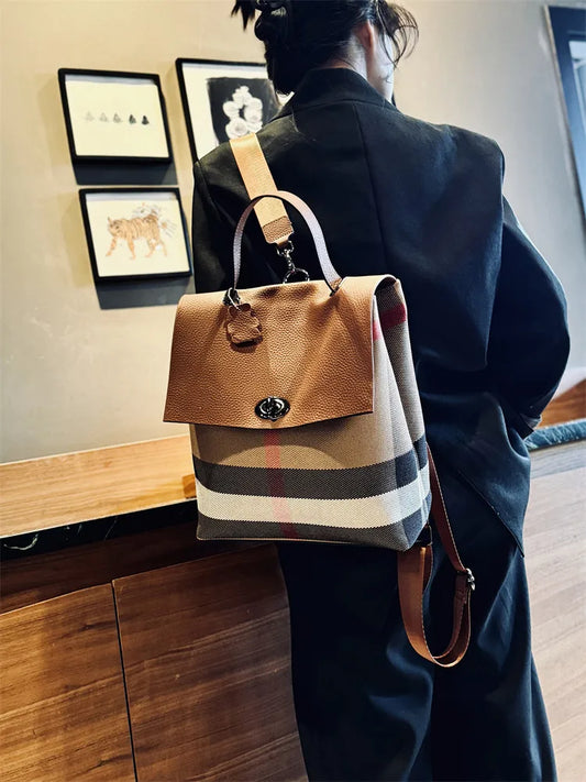Genuine Cowhide New Travel Backpack, Aidrani Women Plaid Leather Rucksack, Casual Shoulder Bag for Work Daily Use