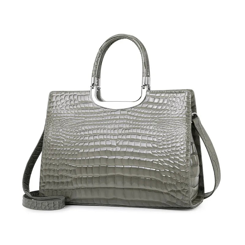 Aidrani Women Genuine Cowhide Handbag, Glossy Croc Embossed Metal Top Handle Bag, Detachable Strap Crossbody Shoulder Purse
