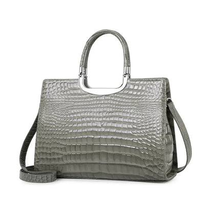 Aidrani Women Genuine Cowhide Handbag, Glossy Croc Embossed Metal Top Handle Bag, Detachable Strap Crossbody Shoulder Purse