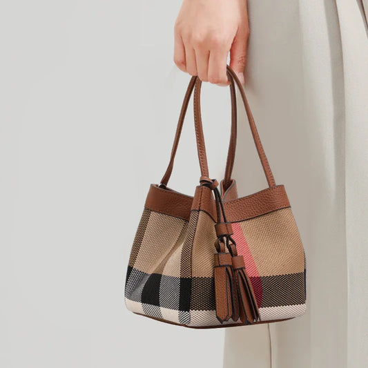 Aidrani Canvas Cowhide Plaid Bucket Bag, Women Tassel Multi-Pocket Portable Shoulder Crossbody Handbag