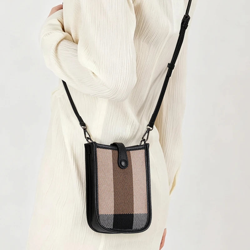 Aidrani Genuine Cowhide Women Small Sling Phone Bag, Plaid Fabric Crossbody Handbag, Lightweight Mini Shoulder Purse for Travel
