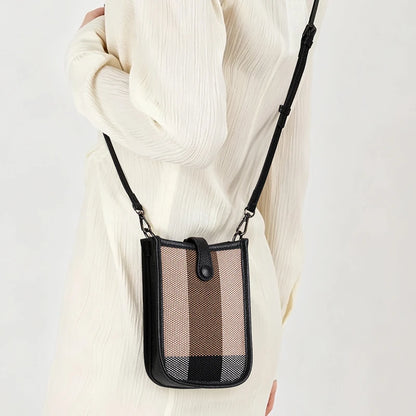 Aidrani Genuine Cowhide Women Small Sling Phone Bag, Plaid Fabric Crossbody Handbag, Lightweight Mini Shoulder Purse for Travel
