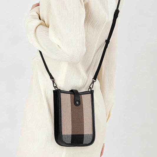 Aidrani Genuine Cowhide Women Small Sling Phone Bag, Plaid Fabric Crossbody Handbag, Lightweight Mini Shoulder Purse for Travel