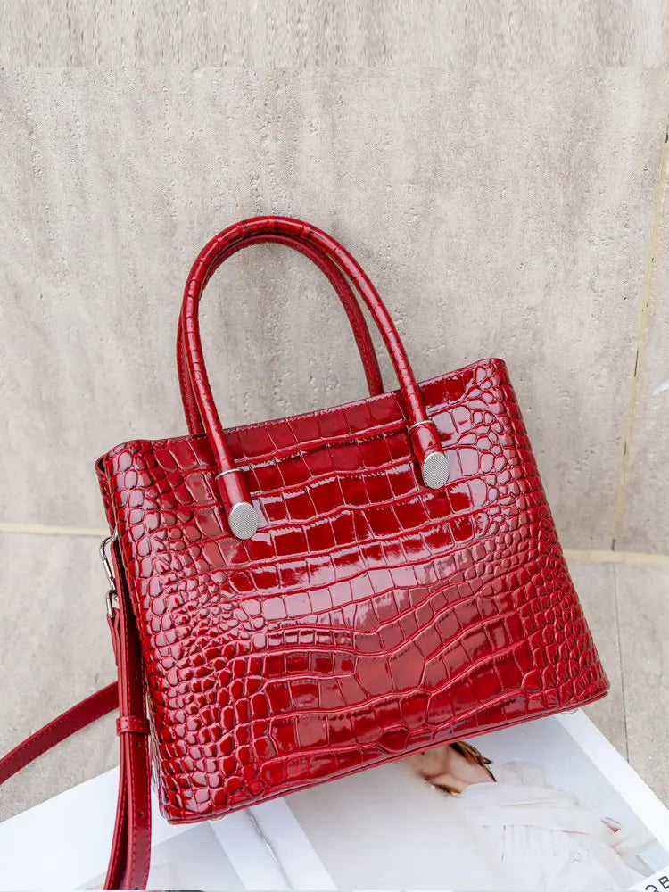 Aidrani Women Genuine Cowhide Handbag, Glossy Crocodile Embossed Top Handle Bag, Detachable Strap Crossbody Shoulder Purse