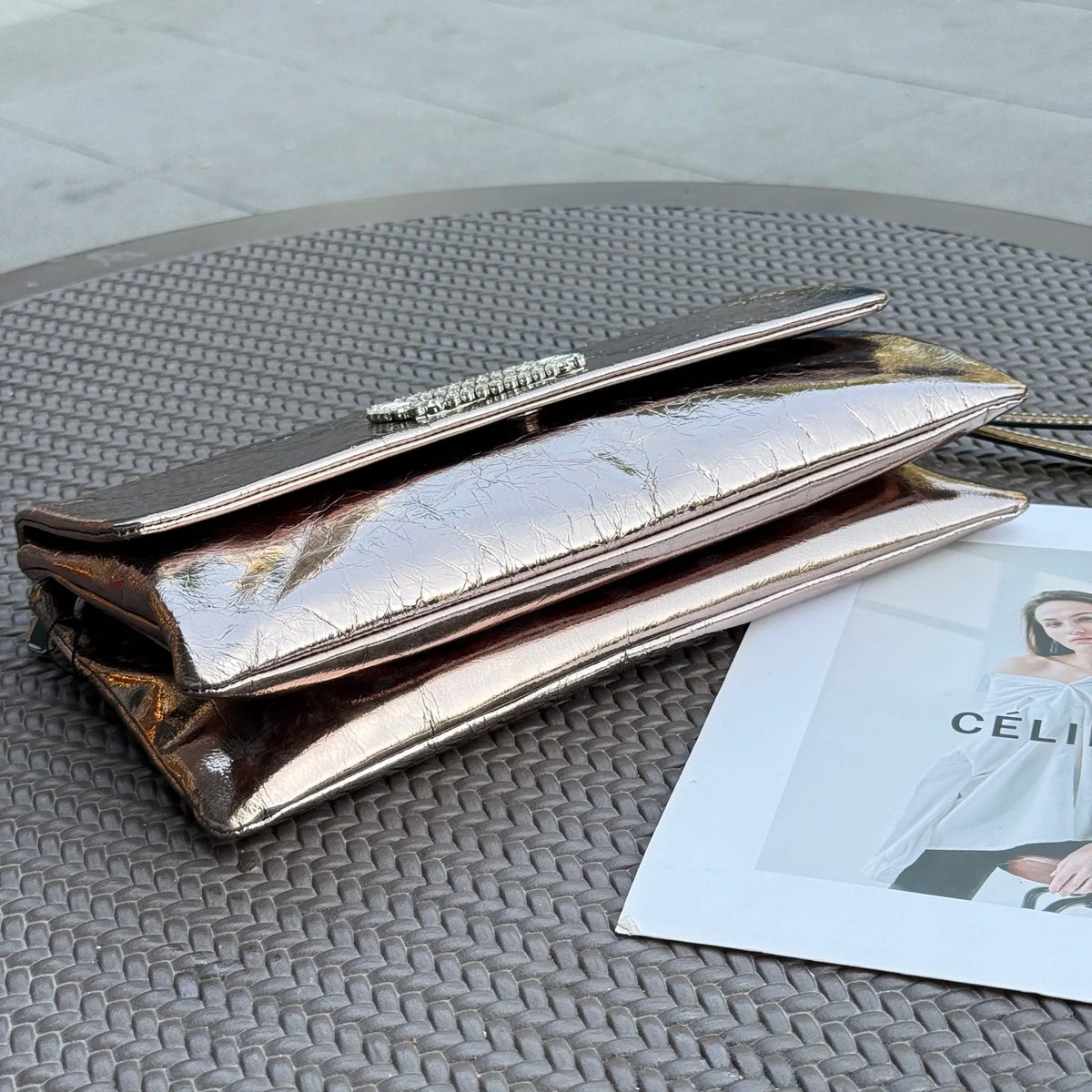 Genuine Cowhide Women Clutch Bag, Glossy Crinkled Leather with Metal Ring Top Handle, Aidrani Elegant Evening Shoulder Purse