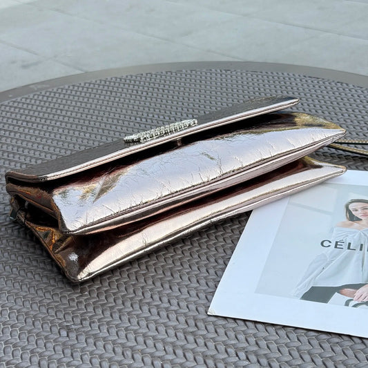 Genuine Cowhide Women Clutch Bag, Glossy Crinkled Leather with Metal Ring Top Handle, Aidrani Elegant Evening Shoulder Purse