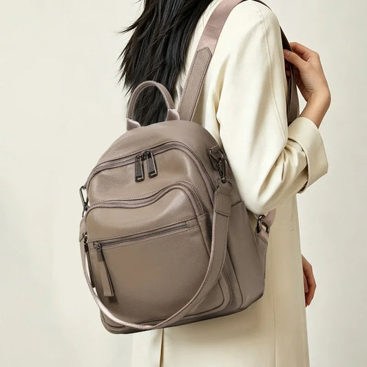 Aidrani Cowhide Women Travel Backpack, Multi‑Pocket Anti‑Theft Rucksack, Convertible Zipper Shoulder Handbag for Daily Outdoor