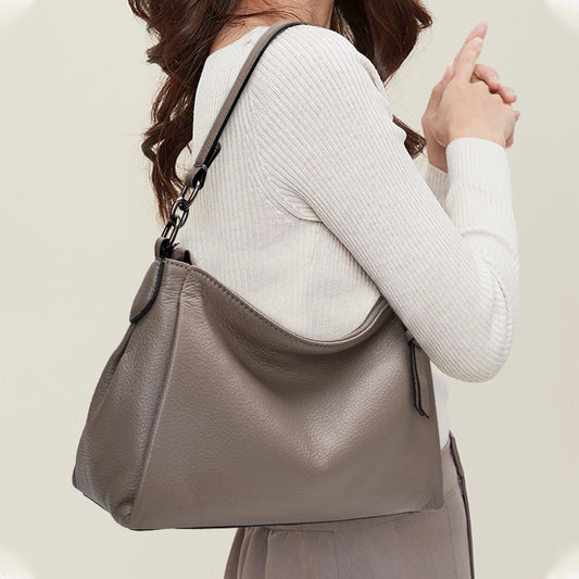Aidrani Cowhide & Canvas Women Hobo Bag, Soft Grey Shoulder Purse, Multi-Pocket Adjustable Strap Crossbody Bag