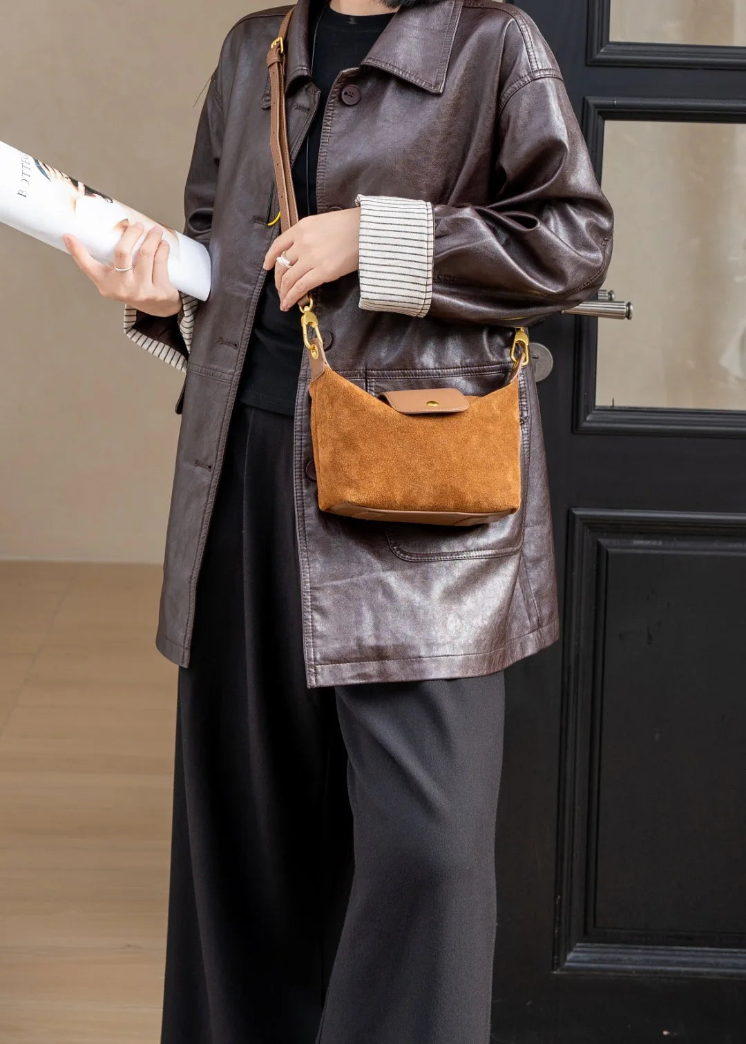Top Layer Cowhide Suede Matte Flap Bag, Aidrani Vintage Top Handle Handbag, Women Casual Purse for Shopping Travel Office