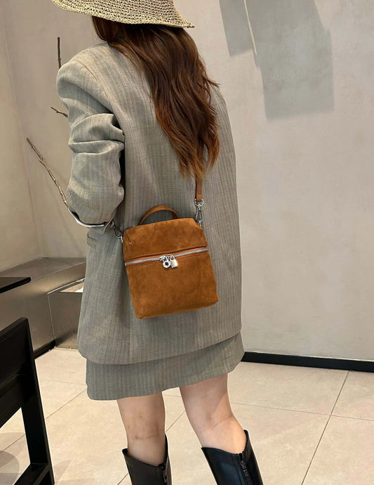 Genuine Top Layer Cowhide Suede Matte Backpack, Aidrani Retro Mini Shoulder Bag, Women Crossbody Purse with Top Handle for Daily
