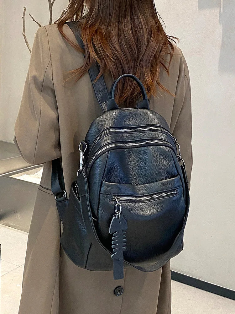 Genuine Cowhide New Casual Backpack, Aidrani Women Leather Rucksack, Fashion Shoulder Bag for Travel Work Daily Use