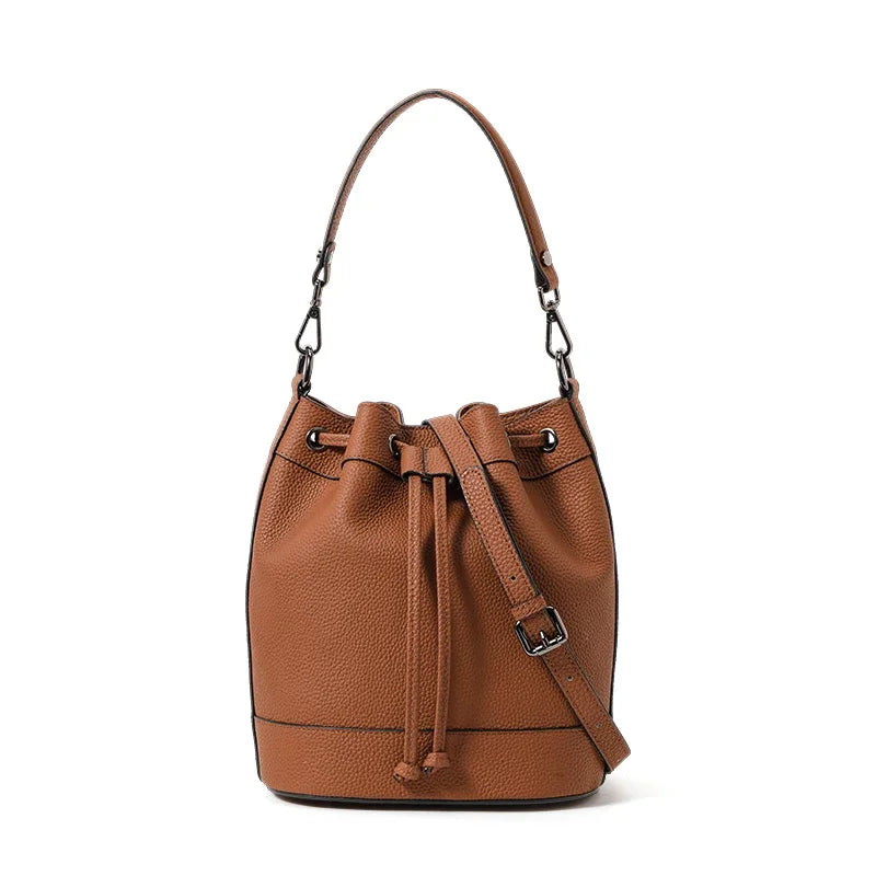 Aidrani New Style Textured Genuine Leather Bucket Bag for Women, Drawstring Closure, Color Block Fashion Shoulder Handbag
