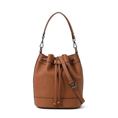Aidrani New Style Textured Genuine Leather Bucket Bag for Women, Drawstring Closure, Color Block Fashion Shoulder Handbag
