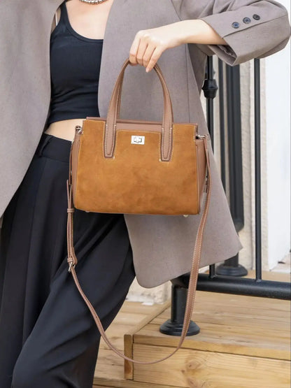 Genuine Top Layer Cowhide Suede Small Square Bag, Aidrani Retro Top Handle Handbag, Women Elegant Purse with Crossbody Strap for