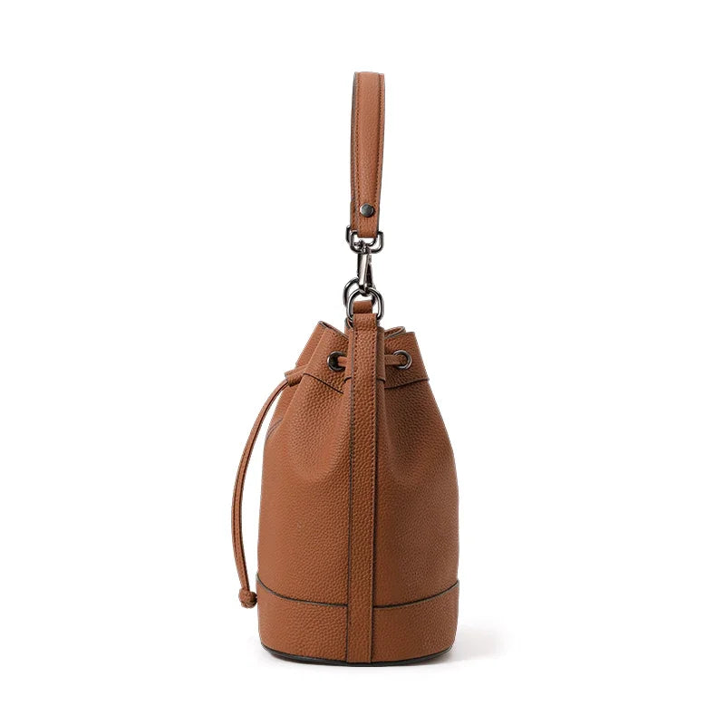 Aidrani New Style Textured Genuine Leather Bucket Bag for Women, Drawstring Closure, Color Block Fashion Shoulder Handbag