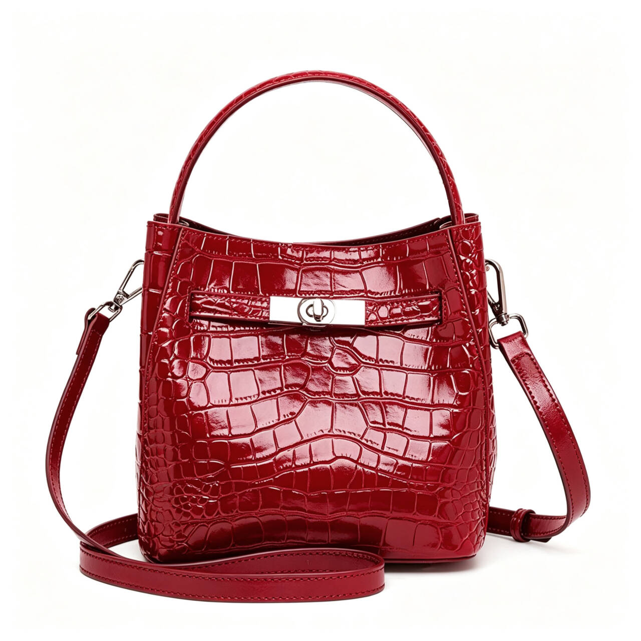 Genuine Cowhide,Crocodile Glossy Grain,Bucket Bag,Women Convertible Crossbody Bag,Hand Carry,Cross Shoulder Carry,Daily Commute,Short Travel