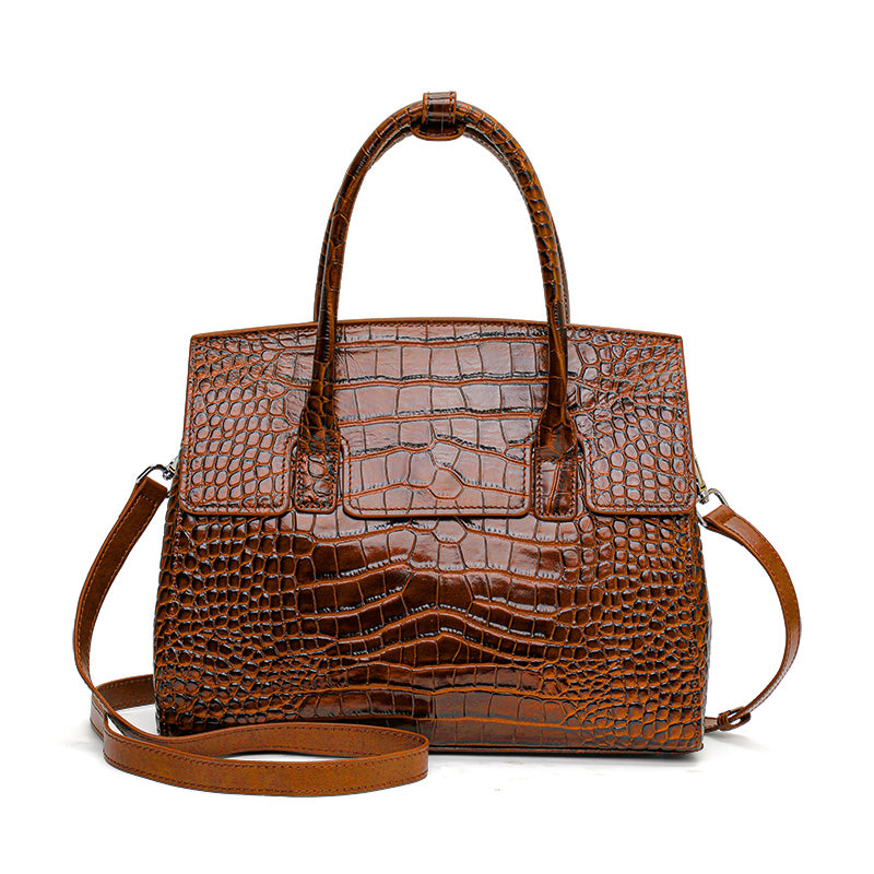 Genuine Cowhide Women Tote Bag,Glossy Crocodile Grain Structured Trapezoid Handbag Multi Compartment Internal Storage Pockets