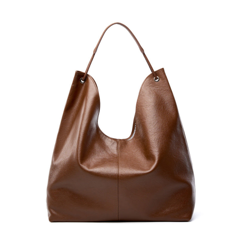 Genuine Cowhide Women's Bag, Grain Soft U-Shape Tote, Detachable Storage Pouch, Multi-Compartment Large Commuter Shoulder Handbag