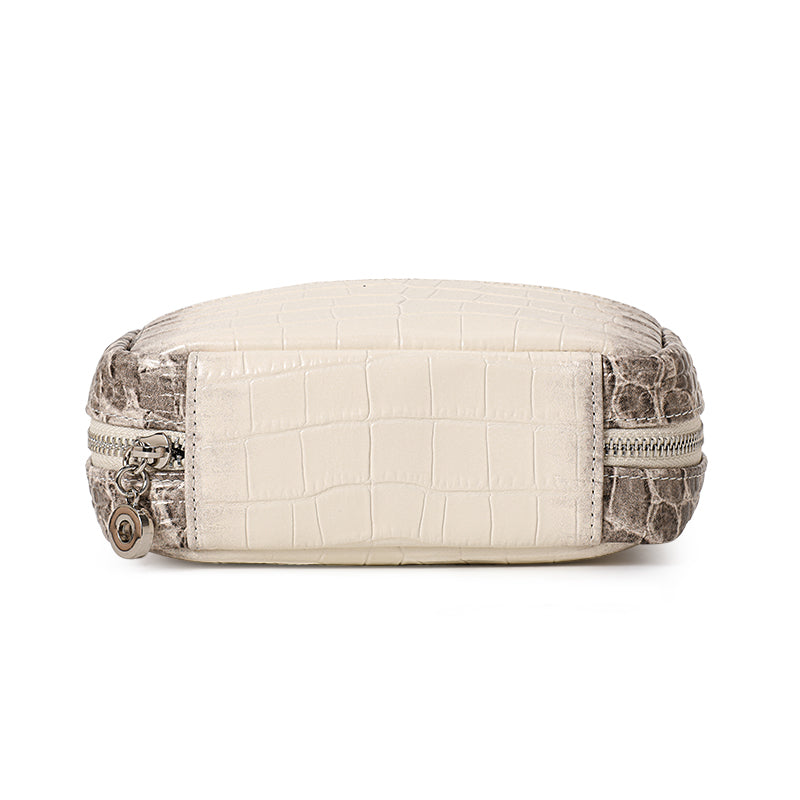 Genuine Cowhide Womens Makeup Pouch,Gradient Croc Embossed Case,Multi Internal Pocket Portable Travel Cosmetic Storage Bag