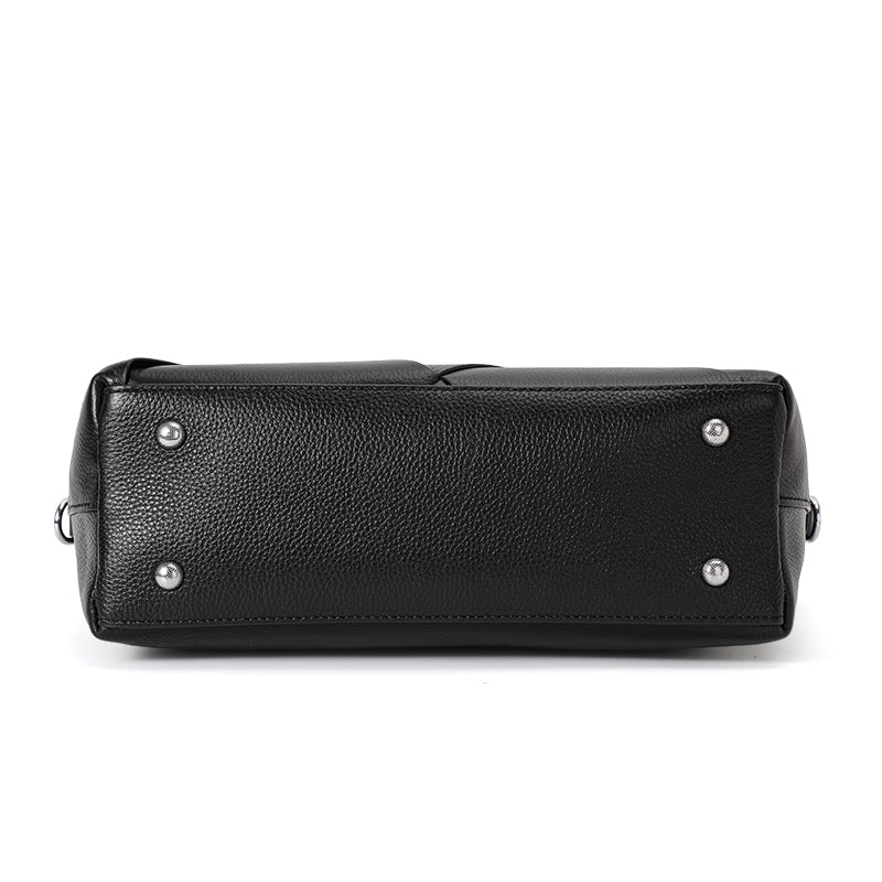 Genuine Cowhide Womens Handheld Tote Bag,Pebbled Diamond Woven Shoulder Purse,Black Large Capacity Business Commute Handbag