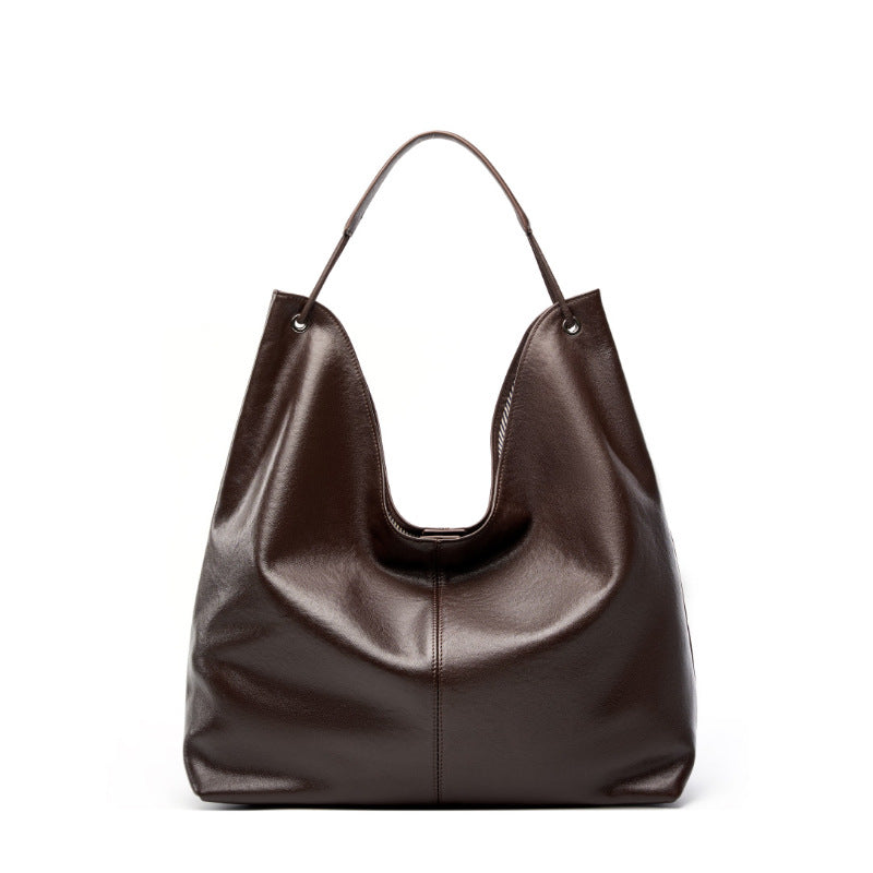 Genuine Cowhide Women's Bag, Grain Soft U-Shape Tote, Detachable Storage Pouch, Multi-Compartment Large Commuter Shoulder Handbag