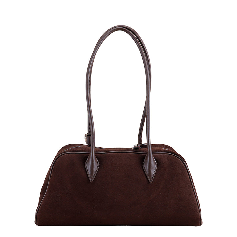 Genuine Suede Cowhide Womens Shoulder Bag,Long Pillow Underarm Tote,Retro Large Capacity Handheld Purse