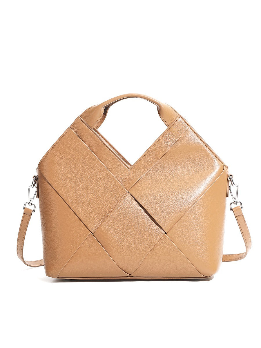 Genuine Cowhide Womens Handheld Tote Bag,Pebbled Diamond Woven Shoulder Purse,Black Large Capacity Business Commute Handbag