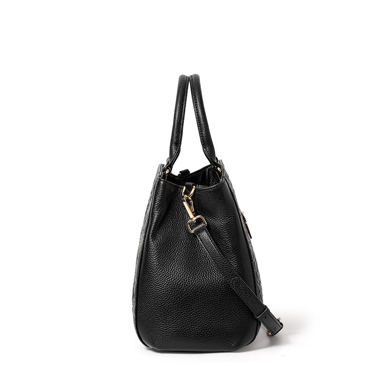 Genuine Cowhide Embossed Rose Floral Womens Commute Handbag,Horizontal Spacious Multi Pocket Business Crossbody Shoulder Tote Purse
