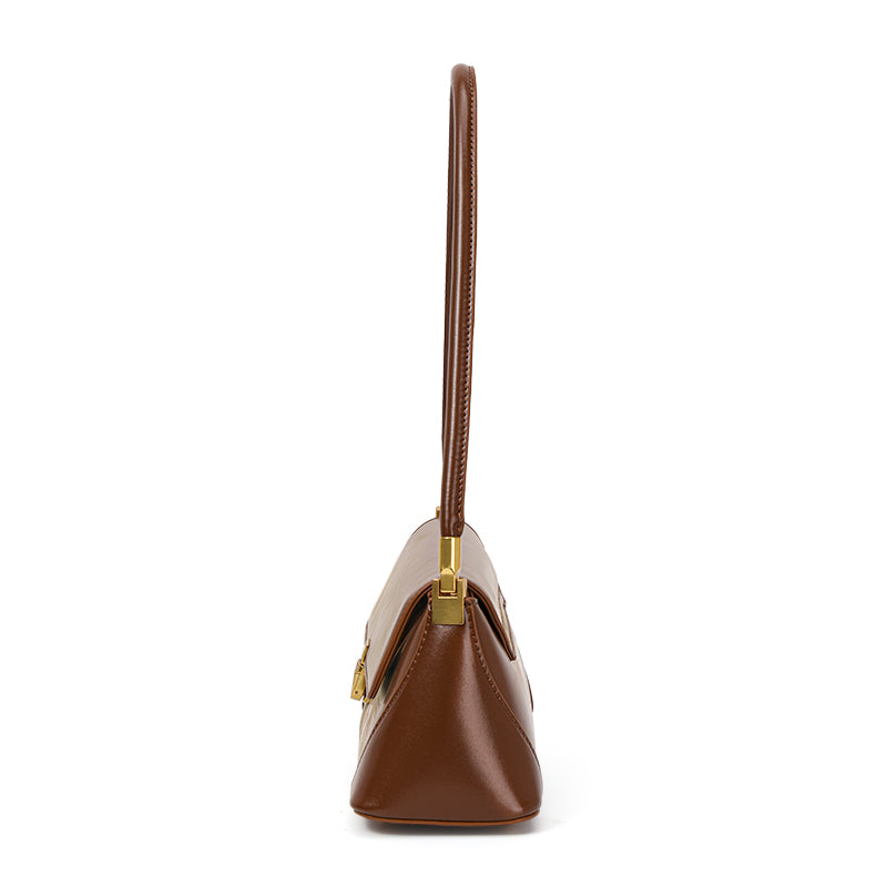 Genuine Cowhide Womens Underarm Shoulder Bag,Smooth Glossy Leather Retro Flap Handbag,Long Strap Rectangular Shoulder Purse