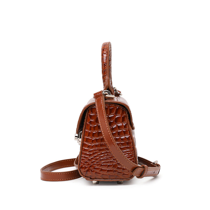 Genuine Cowhide Womens Handbag,Glossy Crocodile Embossed Mini Box Bag,Flip Lock Detachable Strap Crossbody Purse