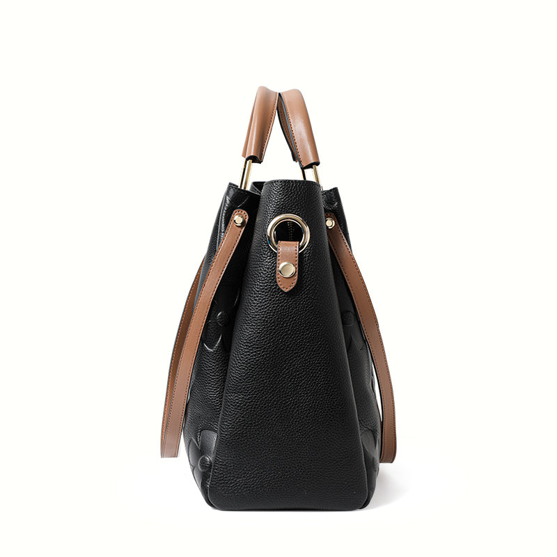 Genuine Cowhide Embossed Floral Large Soft Tote Handbag Women Detachable Wide Shoulder Strap Multi Pocket Daily Commute Travel Bag With Matching Pouch
