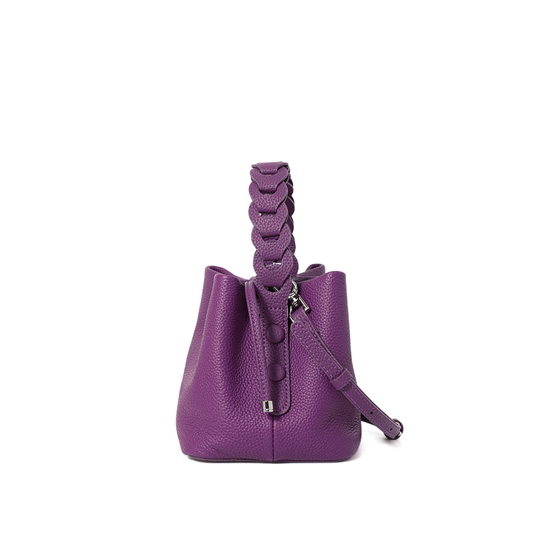 Genuine Cowhide Womens Mini Bucket Bag,Braided Handle Drawstring Crossbody Purse,Pebbled Leather Portable Daily Storage Pouch