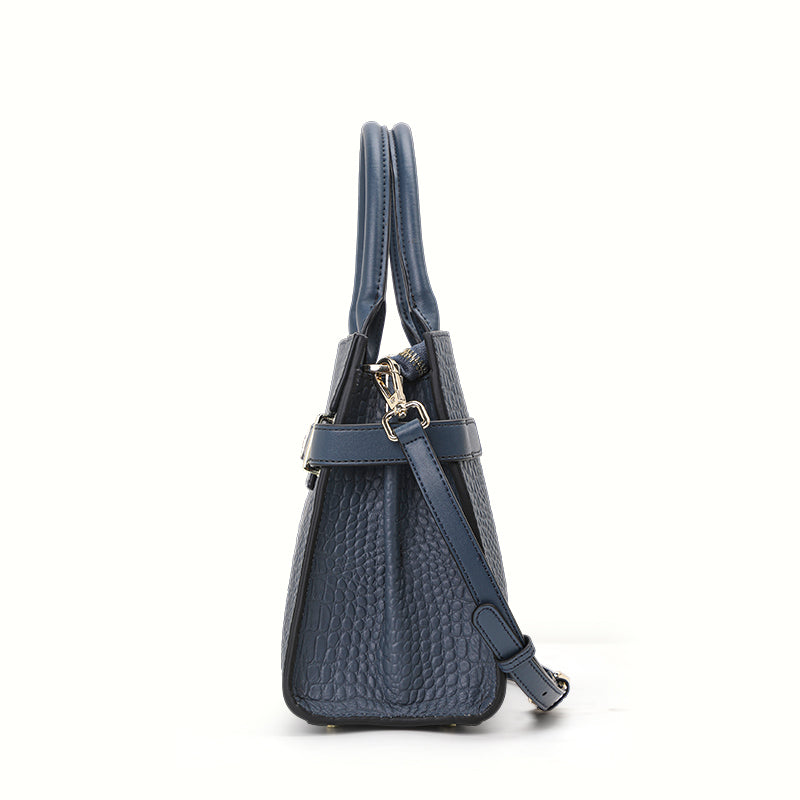 Genuine Cowhide Crocodile Embossed Womens Structured Handbag,Detachable Leather Shoulder Strap Multi Compartment Bag With Decorative Silk Scarf